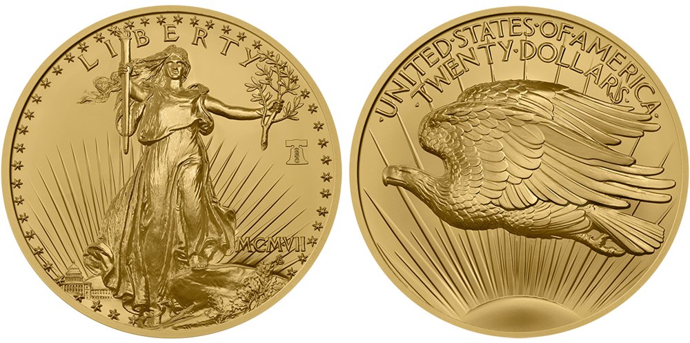 Золотая монета Сент-Годенс 1907 года с изображением Свободы и орла