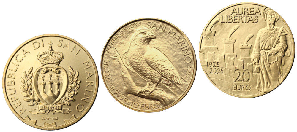 Золотые монеты Сан-Марино 2025 года номиналом 10 и 20 евро