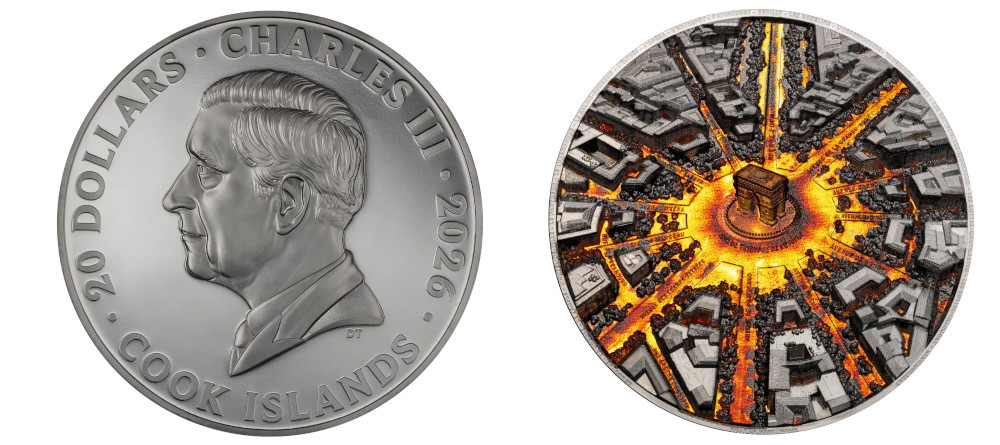 Монета Островов Кука 20 долларов 2026 года Париж ночью Триумфальная арка черный пруф серебро