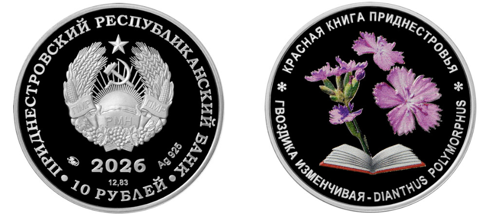 Памятная серебряная монета Приднестровья 2026 года Гвоздика изменчивая из серии Красная книга Приднестровья