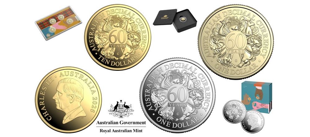 Памятные золотая и серебряная монеты Австралии 2026 года к 60-летию десятичной валюты с коллажем животных из оригинальных дизайнов 1966 года