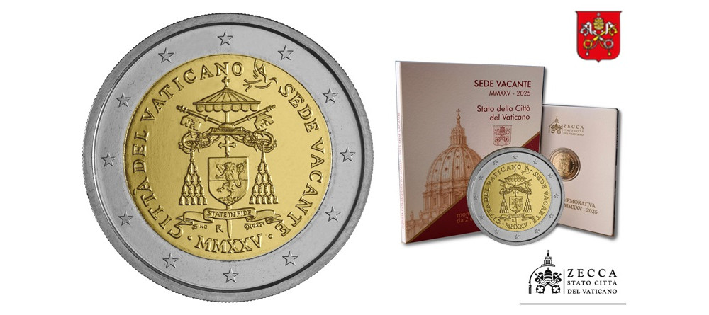 Памятная монета Ватикана 2 евро Sede Vacante герб камерленго двенадцать звезд ЕС