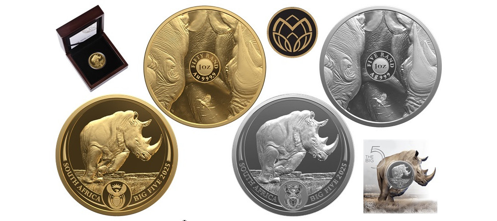 Золотые и серебряные монеты ЮАР с изображением носорога серии Большая пятерка 2025