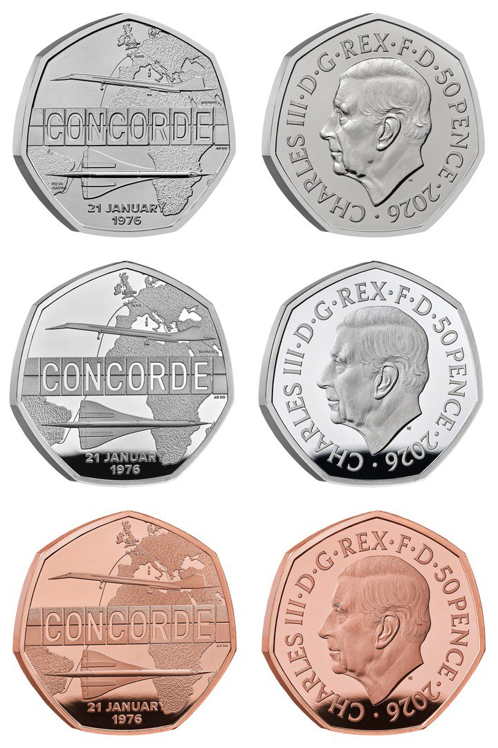 Памятные монеты Великобритании 2026 года к 50-летию Конкорда — 50 пенсов в медно-никелевой, серебряной и золотой версиях