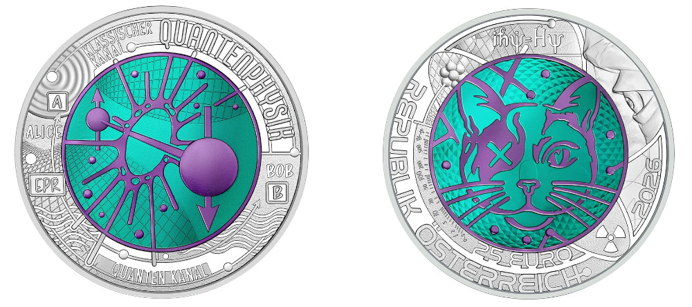 Коллекционная монета Австрии 25 евро 2026 года серебро-ниобий квантовая физика кот Шрёдингера