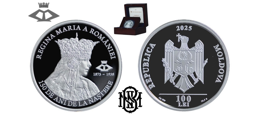 Серебряная памятная монета Молдавии 2025 года, 100 лей, королева Мария Румынская, Proof, 750 шт.