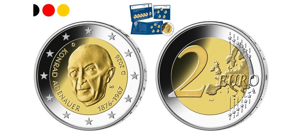 Памятная монета Германии 2 евро 2026 года Конрад Аденауэр к 150-летию