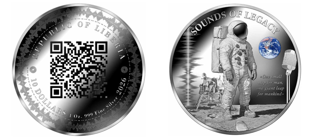Серебряная монета Либерии высадка на Луну Нил Армстронг QR-код