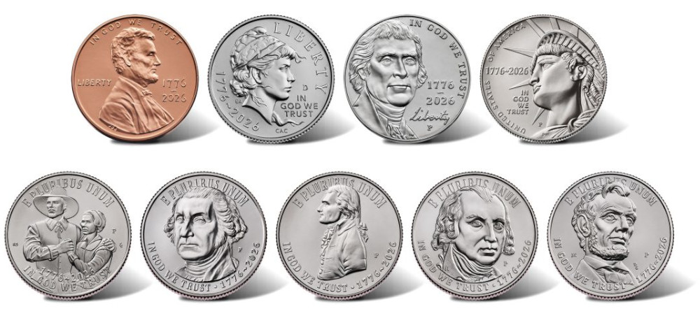 Монеты США 2026 года: цент, никель, дайм, полдоллара, 5 четвертаков, 1776 ~ 2026
