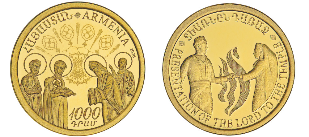 Коллекционные монеты Армении 1000 драмов 2026 года Терендез Сретение Господне золото