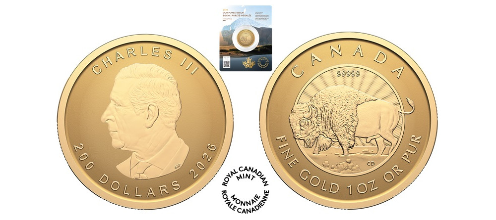 Золотая монета Канады 2026 года с бизоном — чистота 999,99 пробы, тираж 999 шт.