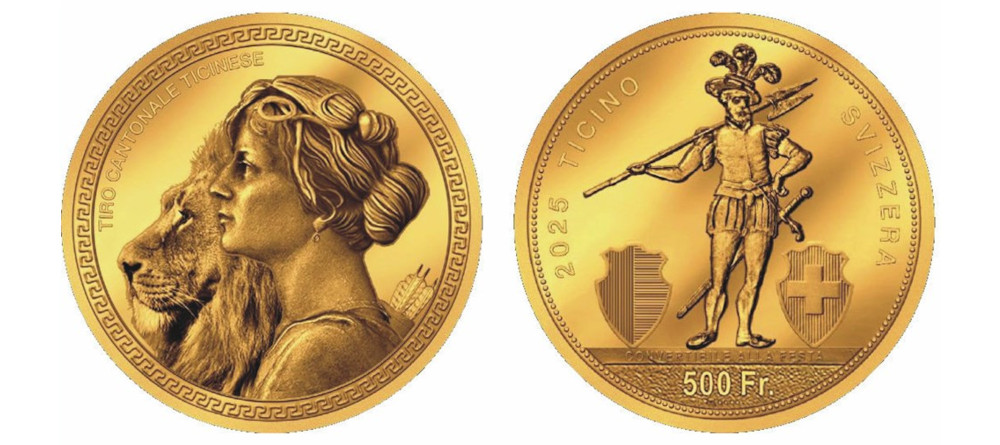 Золотая монета 500 франков с воином и гербами Швейцарии