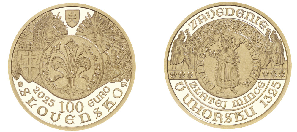 Монета Словакия 100 евро 2025 700 лет флорину золото качество пруф