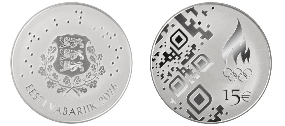 Памятная серебряная монета Эстонии 15 евро 2026 года — реверс с QR-кодом и логотипом Олимпийского комитета