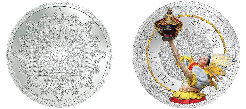 Памятная серебряная монета Филиппин 100 песо 2026 года — фестиваль Синулог, цветной аверс с танцовщицей и Santo Niño