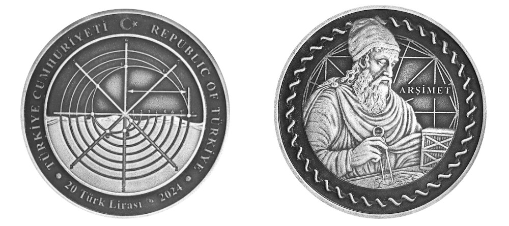 Памятная серебряная монета Турции 20 лир 2026 года — Архимед с циркулем, фон в виде решётки и винта Архимеда