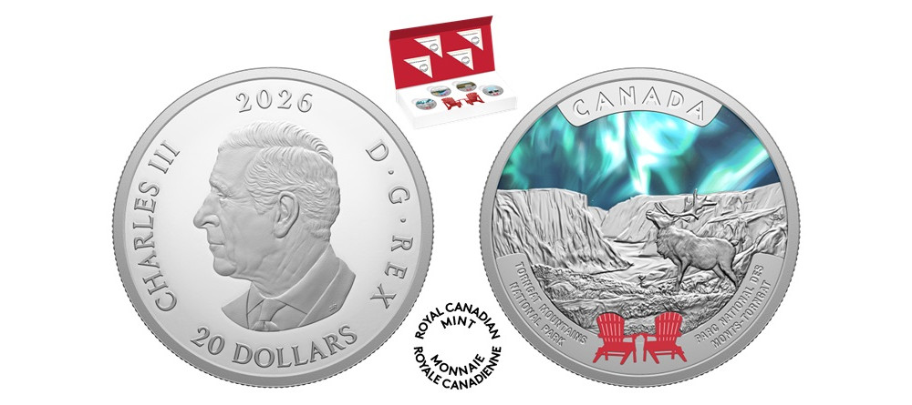Серебряная монета Канады 20 долларов 2026 года национальный парк Торнгат-Маунтинс карибу северное сияние красные кресла
