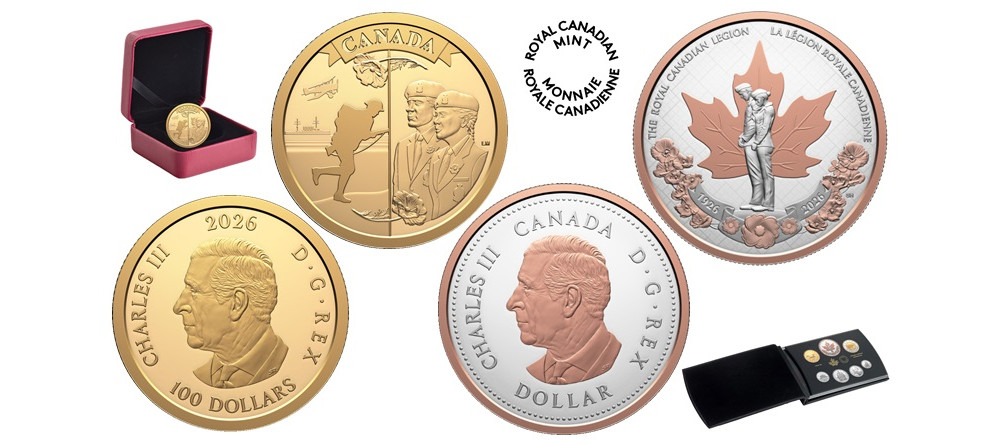 Памятные монеты Канады 2026 года — золотая 100 долларов и серебряная 1 доллар к 100-летию Королевской канадской лиги с маками и силуэтами военных