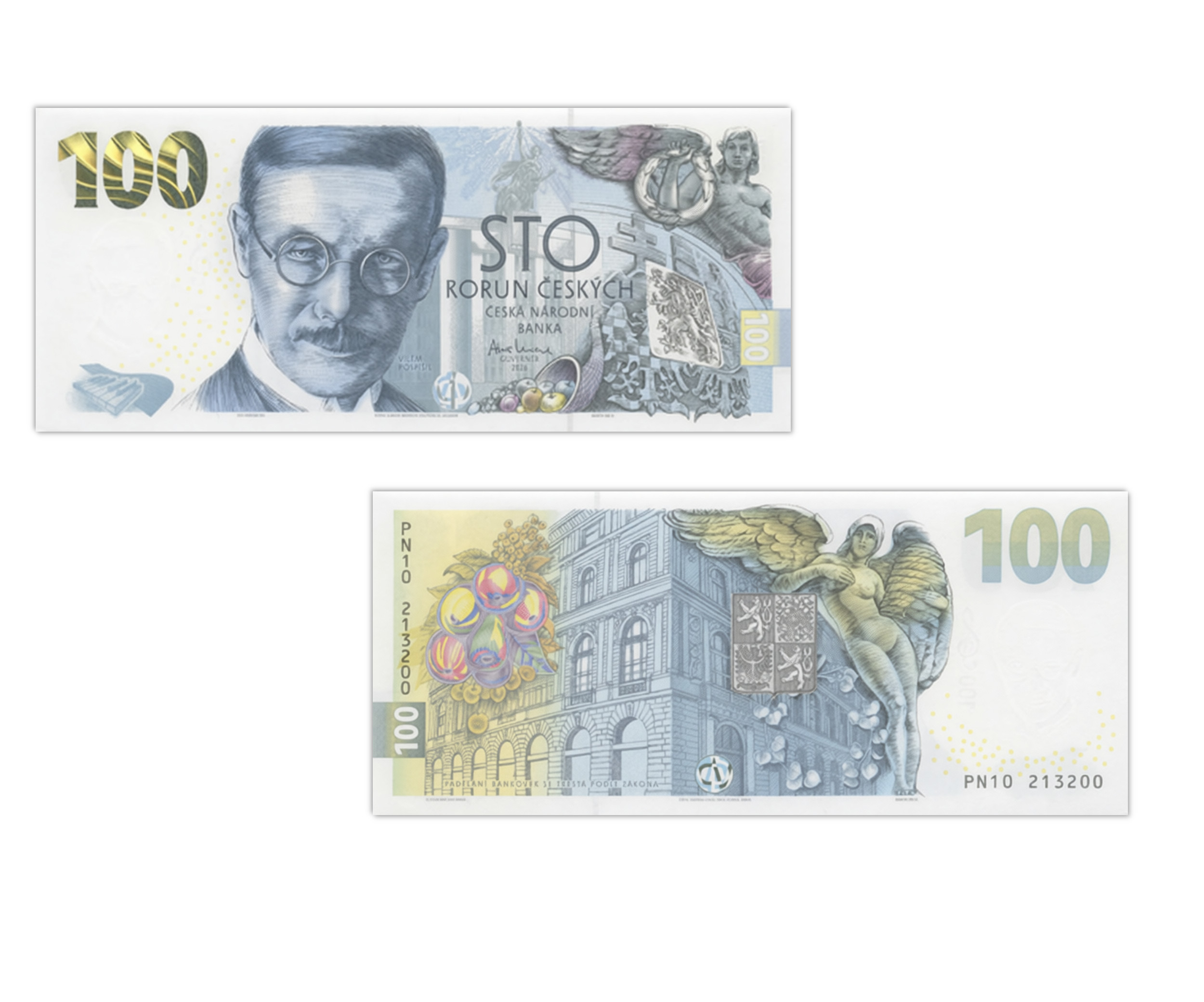 Коллекционная банкнота Чехии 100 крон 2026 года — Вилем Поспишил, первая глава НБЧ, сине-серая палитра, золотистые акценты