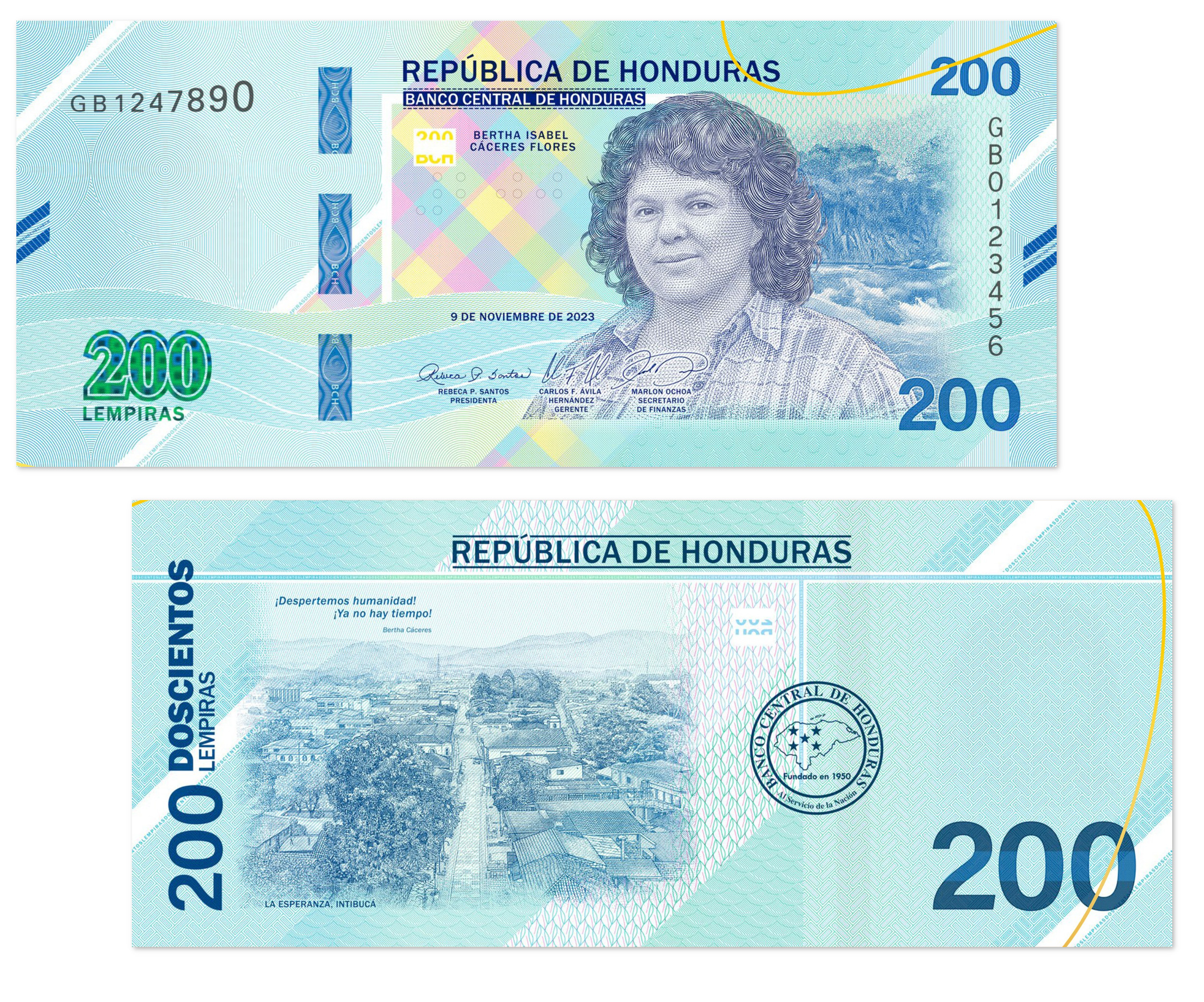 Новая банкнота Гондураса 200 лемпир 2026 года с портретом Берты Касерес, рекой Гуалькарке и цитатой 'Проснись, человечество!'