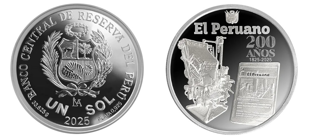 Памятная серебряная монета Перу 1 соль к 200-летию Diario Oficial El Peruano, 2025 год