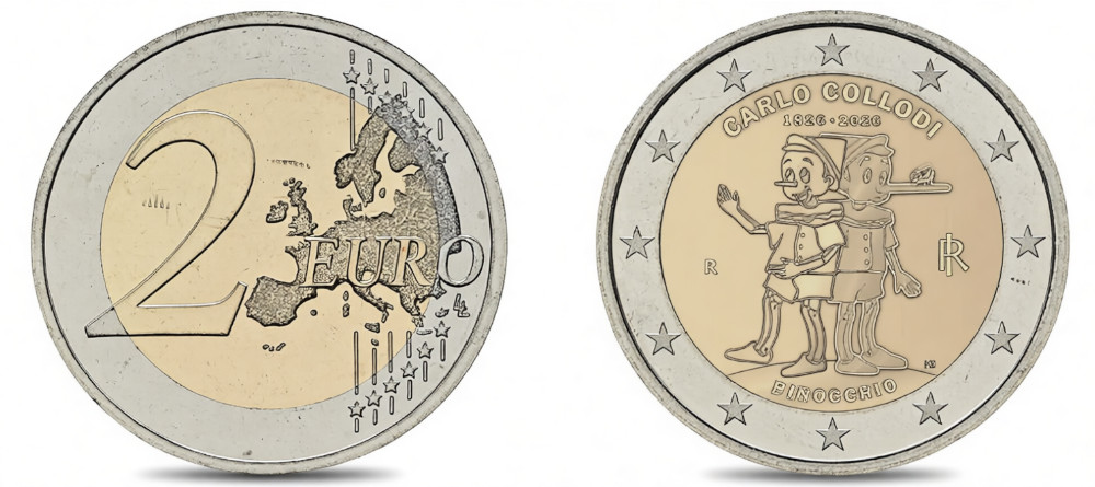 Памятная монета Италии 2026 года, 2 евро, Пиноккио, Карло Коллоди, бикентенарий, Марта Бонифачо
