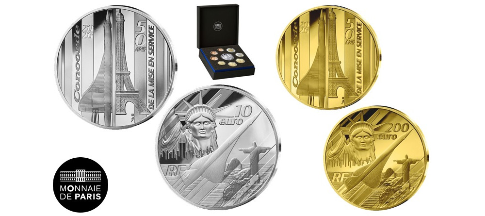 Памятные монеты Франции 2026 года — Concorde и Эйфелева башня на аверсе, Рио и Нью-Йорк на реверсе