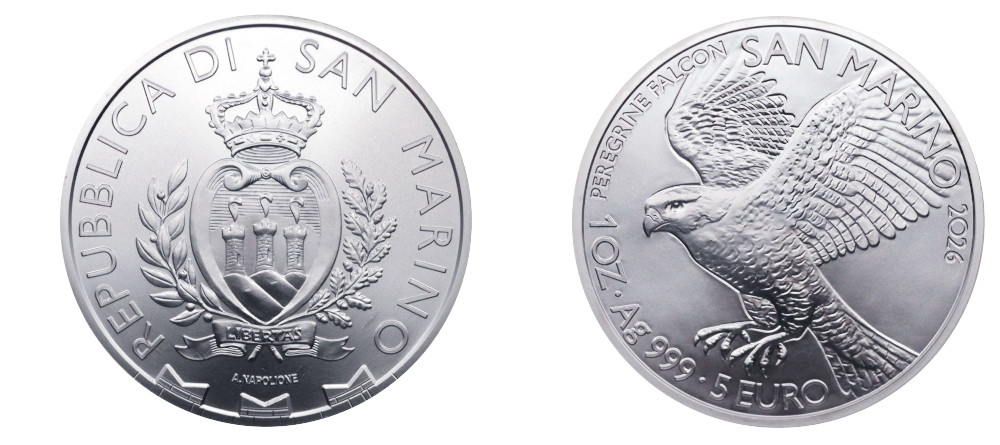 Памятная серебряная монета Сан-Марино 5 евро 2026 года — сокол-сапсан в полёте, аверс с гербом и трёх башнями