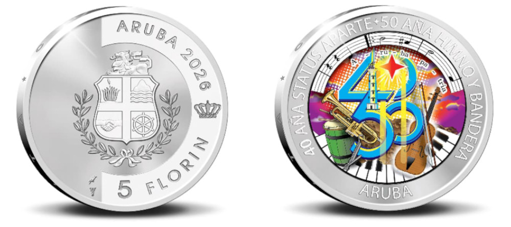 Монета Аруба 5 флоринов 2026 40 лет автономии 50 лет флагу серебро цветная печать