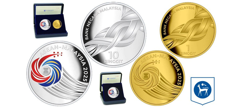 Серебряная памятная монета Малайзии 10 ринггит с цветным логотипом АСЕАН 2025