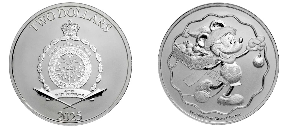 Серебряная памятная монета Ниуэ 2025 года, 2 доллара, Микки Маус на Рождество, 1 унция, тираж 10000, BU