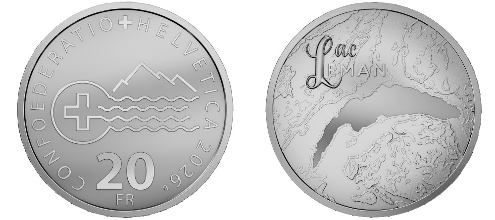Аверс серебряной монеты 20 франков Швейцарии с панорамным видом Женевского озера, контурный рельеф кантонов Женева Во Вале, надпись Lac LÉMAN, серебро 999 пробы