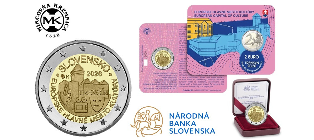Памятная монета Словакии 2 евро 2026 года — Тренчинский замок, символы искусства и надпись 'Европейская столица культуры'