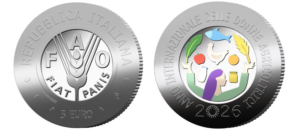 Аверс серебряной монеты 5 евро Италия с логотипом ФАО в центре, декоративные зёрна пшеницы по краям, надпись REPUBBLICA ITALIANA, качество Proof с цветной печатью