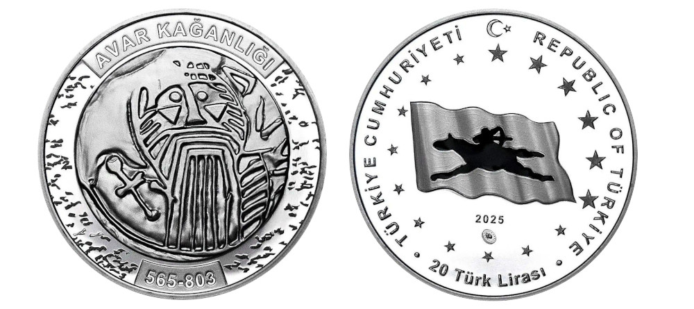 Реверс серебряной монеты 20 лир Турция Аварский каганат с изображением воина-авара, коня, железных стремян, серия Тюркские государства, качество Proof