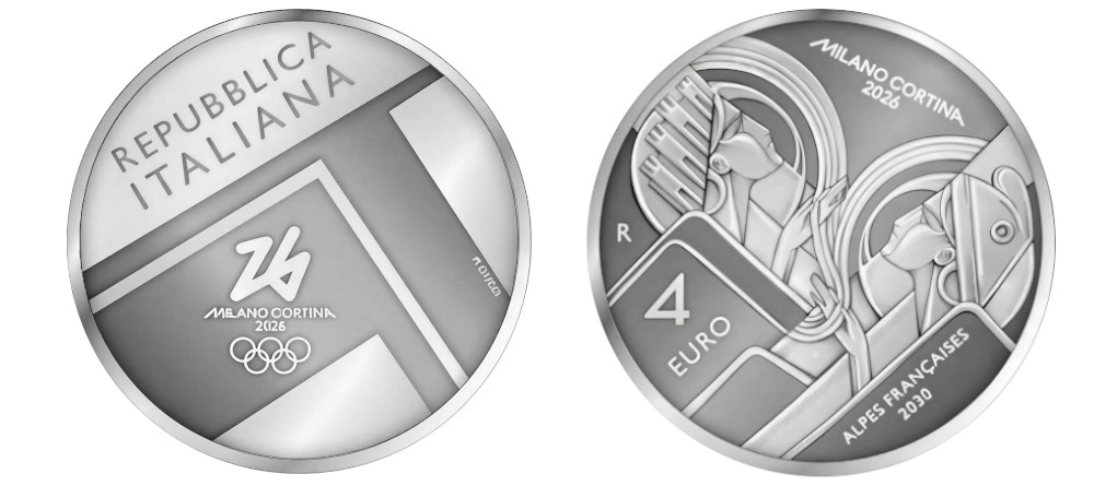 Монета Италии 4 евро 2026 года, Олимпиада Milano-Cortina, серебро reverse proof, реверс с Италией и Марианной