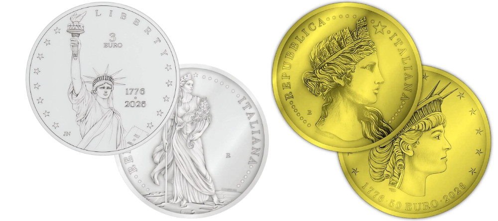 Памятные монеты Италии 2026 года — серебряная 3 евро и золотая 50 евро к 250-летию США с Италией turrita и Статуей Свободы