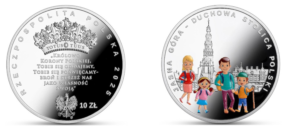 Серебряная монета номиналом 10 злотых с изображением Ясной Горы