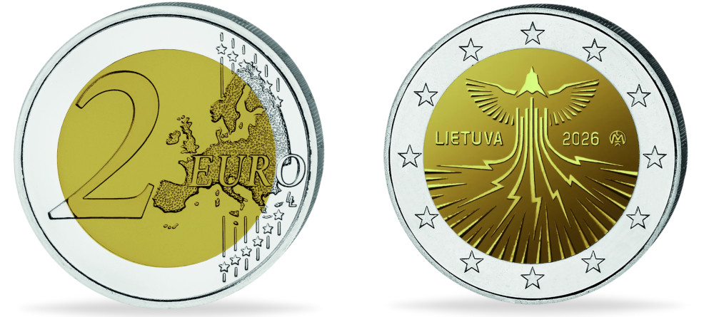 Памятная монета Литвы 2 евро 2026 года — птица свободы, Гедиминовы столпы и молнии как символ энергетической независимости
