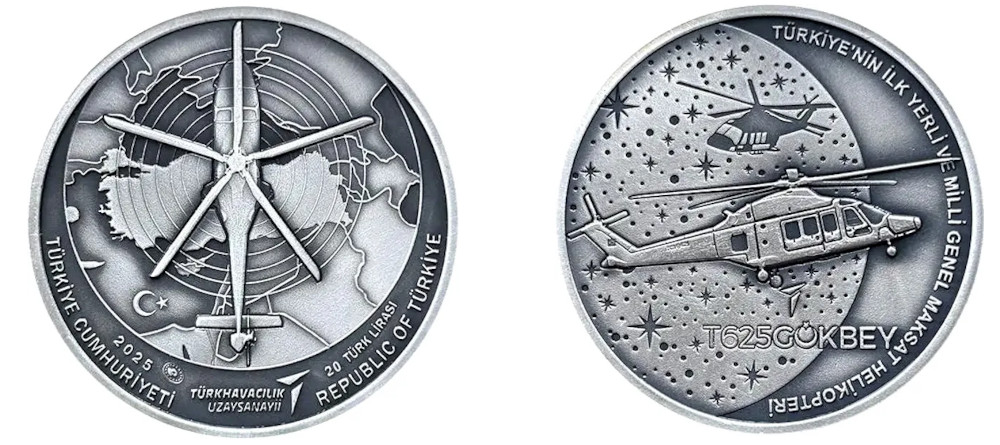 Коллекционная монета Турции с изображением вертолета T625 Gökbey