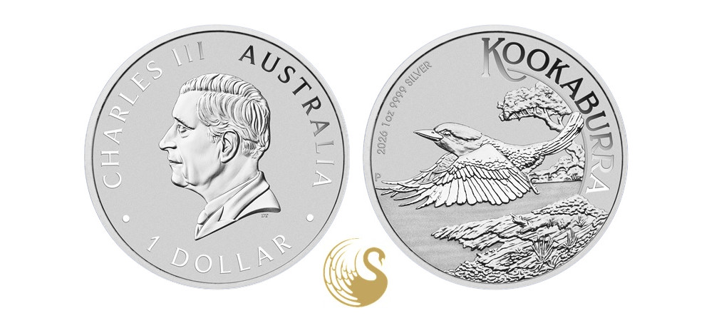 Серебряная монета Австралии 2026 года с изображением кукабарры в полёте над рекой