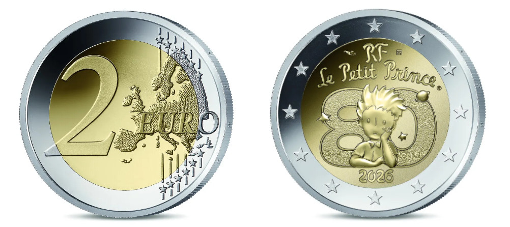 Памятная монета Франции 2 евро 2026 года Маленький принц аверс и реверс