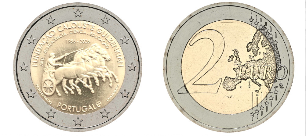 Памятная монета Португалии 2 евро 2026 года — квадрига из музея Гюльбенкяна, надписи 'ARTE • BENEFICÊNCIA • CIÊNCIA • EDUCAÇÃO'