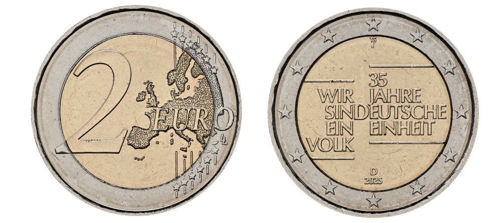 Памятная монета 2 евро Германии 2025 года 35 лет воссоединению
