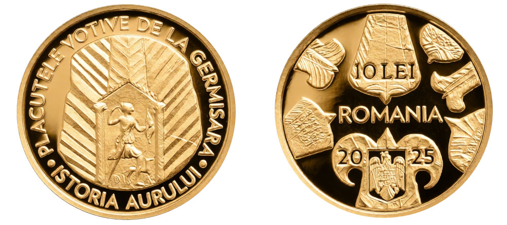 Золотая монета Румынии 10 лей 2025 года — Платы Гермисары, реверс с богиней Дианой и надписями на румынском языке