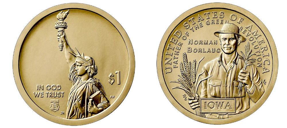 Памятная монета США 2026 года, серия American Innovation, штат Айова, Норман Борлоуг с колосьями пшеницы