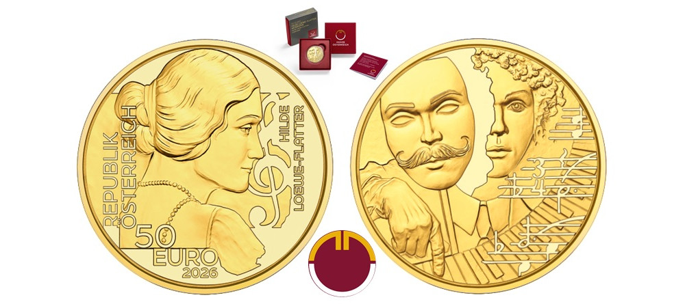 Золотая монета Австрии 50 евро Хильде Лёве-Флаттер аверс реверс ноты фортепиано