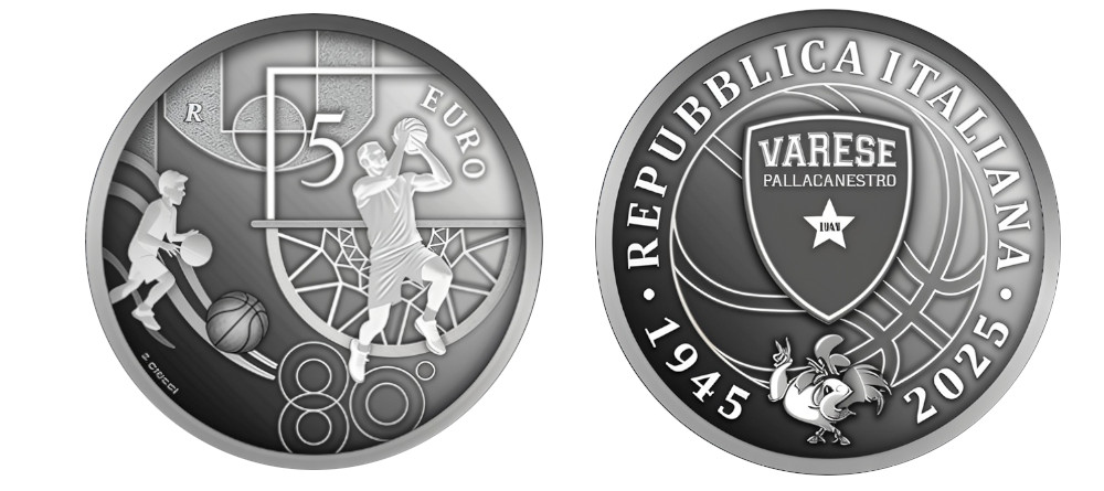 Серебряная монета 5 евро Италии 2025 года 80 лет баскетбольному клубу Варезе